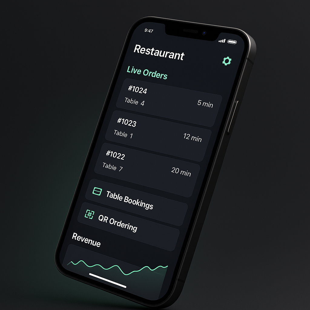 Asky hospitality app showing live orders, table bookings and QR ordering